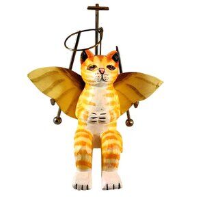 Folk Art Handcrafted Angel Cat Shelf Sitter Yellow & White With Wings 6x5.5"